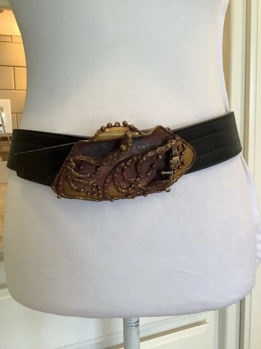 Wide Black Leather Belt with Ornate Brass-Tone Sculpted Brutalist Buckle